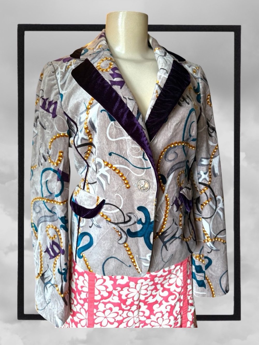 Crushed velvet gangster wife blazer Patterned with Purple Trim sz small *rare*